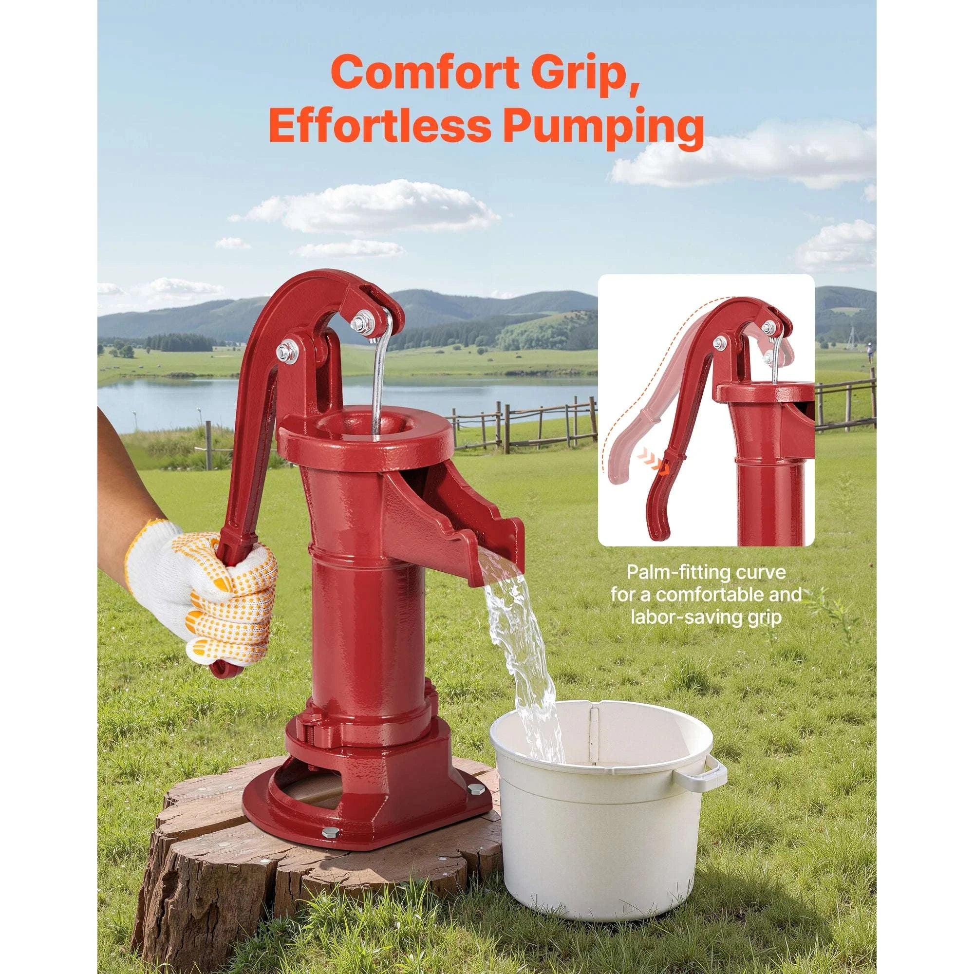 Manual Cast Iron Hand Water Pump 25 ft Lift for Wells & Garden-Red / United States