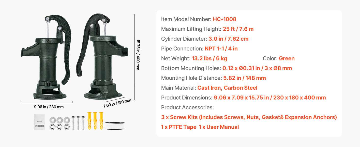 Manual Cast Iron Hand Water Pump 25 ft Lift for Wells & Garden-Red / United States