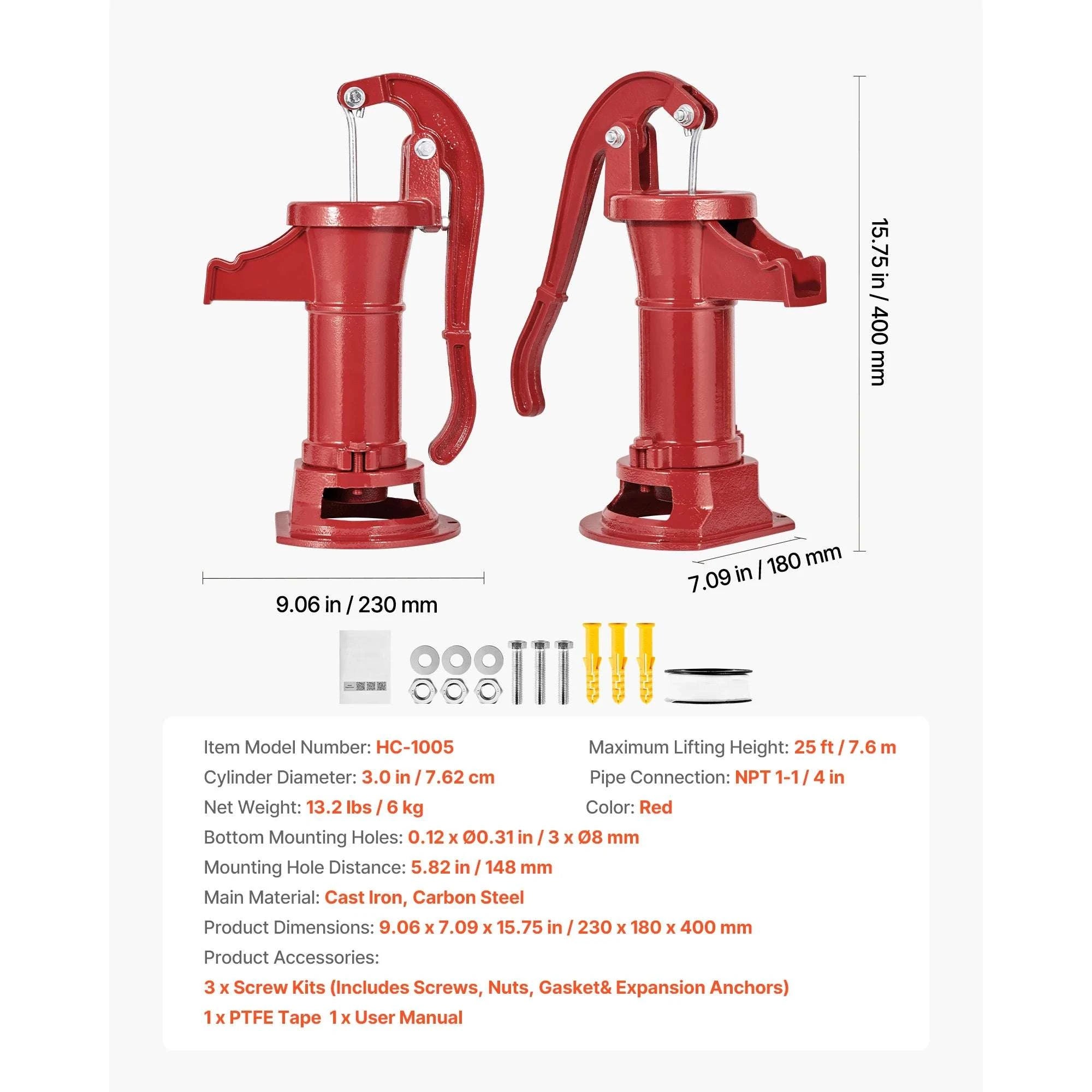 Manual Cast Iron Hand Water Pump 25 ft Lift for Wells & Garden-Red / United States