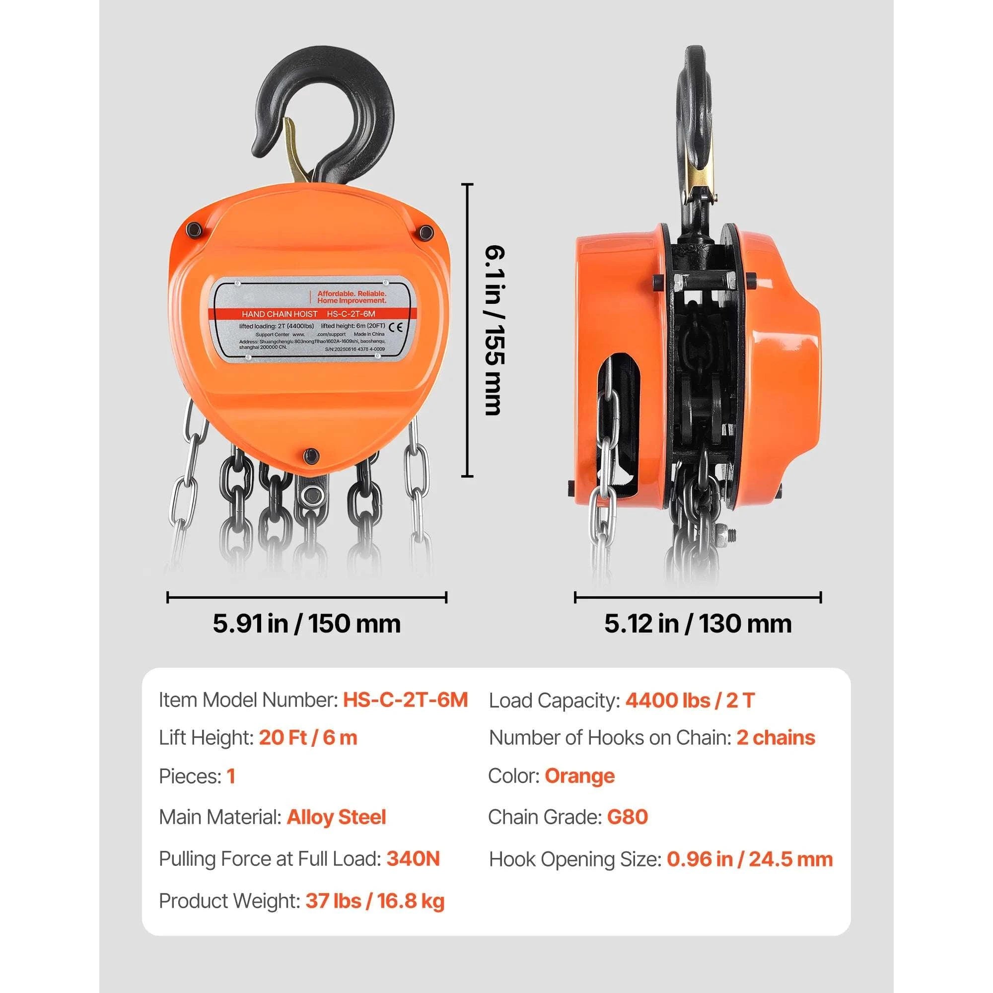 Manual Chain Hoist 1100–6600 lbs with G80 Chain, 10ft/20ft Lift-2T 20FT / United States
