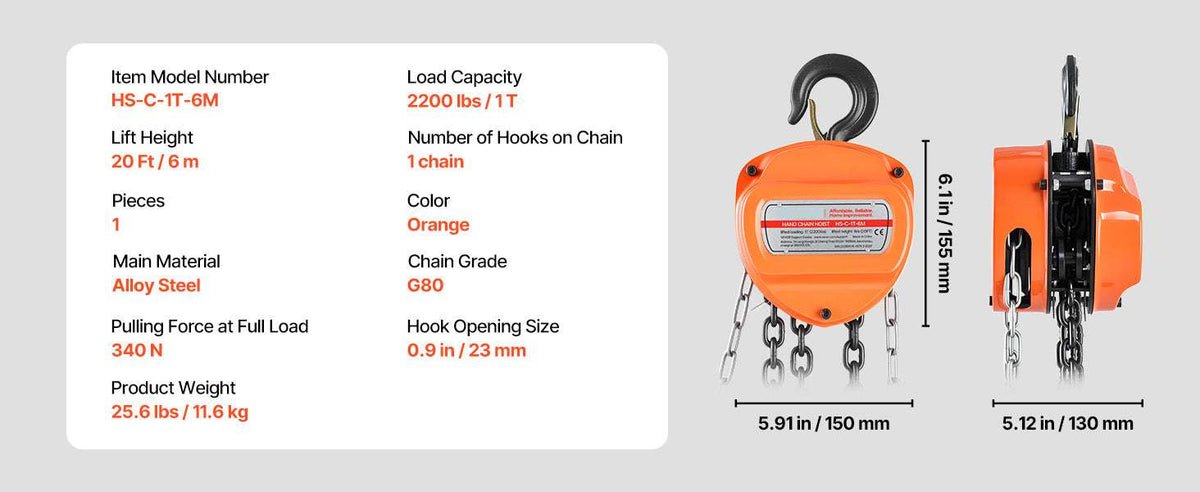 Manual Chain Hoist 1100–6600 lbs with G80 Chain, 10ft/20ft Lift-2T 20FT / United States