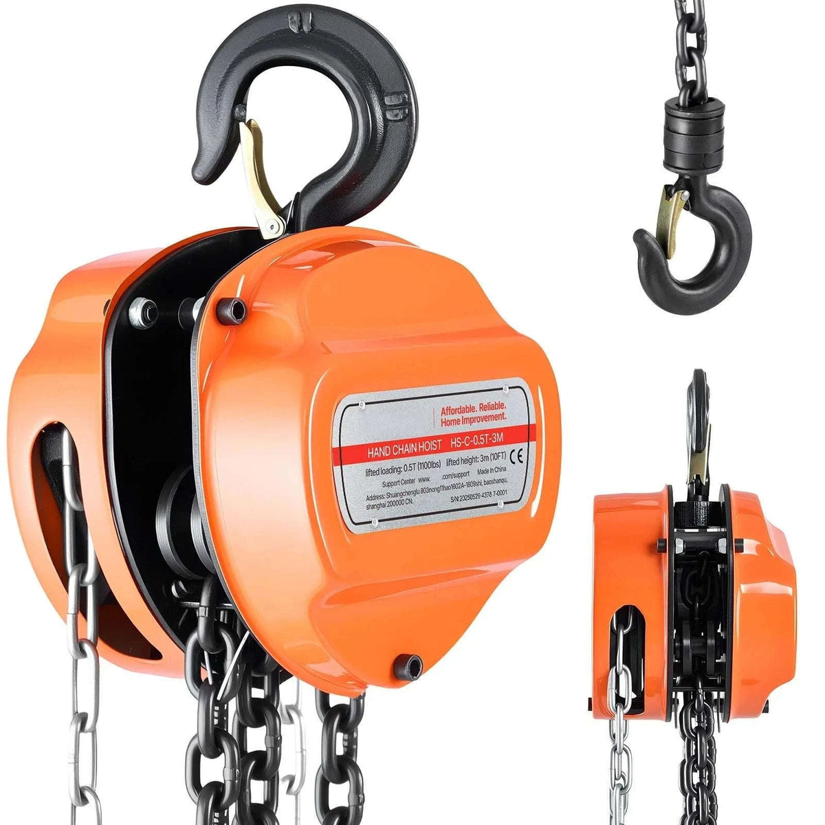 Manual Chain Hoist 1100–6600 lbs with G80 Chain, 10ft/20ft Lift-2T 20FT / United States