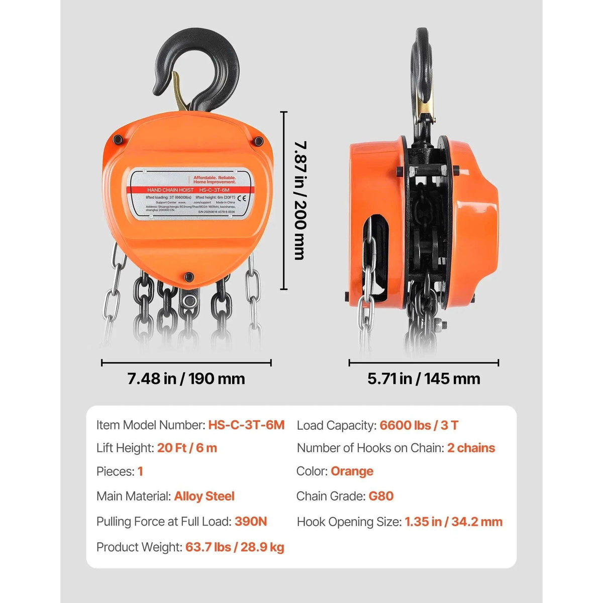 Manual Chain Hoist 1100–6600 lbs with G80 Chain, 10ft/20ft Lift-2T 20FT / United States