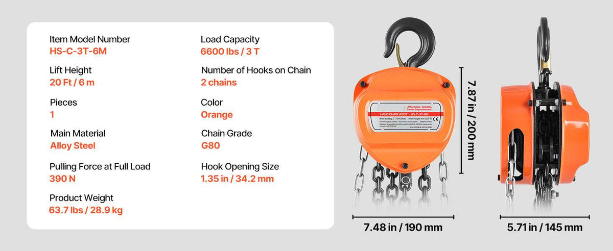 Manual Chain Hoist 1100–6600 lbs with G80 Chain, 10ft/20ft Lift-2T 20FT / United States