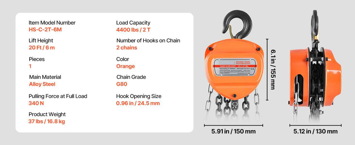 Manual Chain Hoist 1100–6600 lbs with G80 Chain, 10ft/20ft Lift-2T 20FT / United States