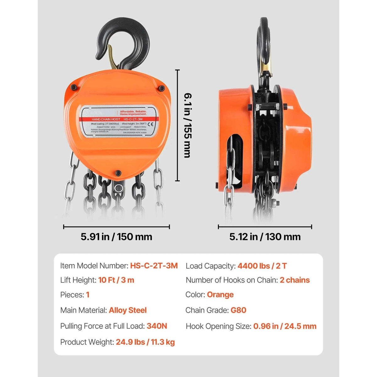 Manual Chain Hoist 1100–6600 lbs with G80 Chain, 10ft/20ft Lift-2T 20FT / United States