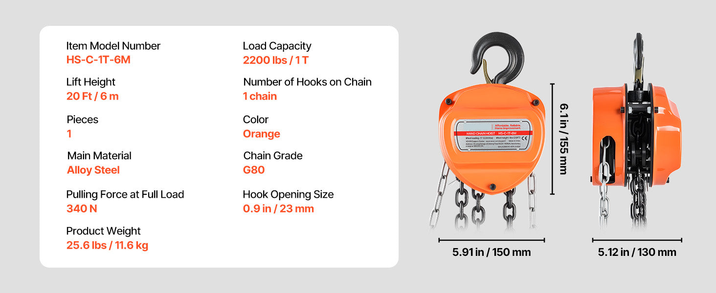 Manual Chain Hoist 1100–6600 lbs with G80 Chain, 10ft/20ft Lift
