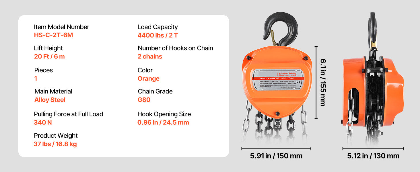 Manual Chain Hoist 1100–6600 lbs with G80 Chain, 10ft/20ft Lift