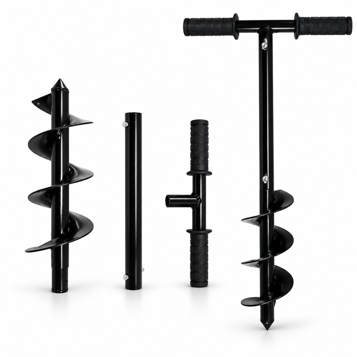 Black manual earth auger kit with spiral bits, extension and T-handle on white background