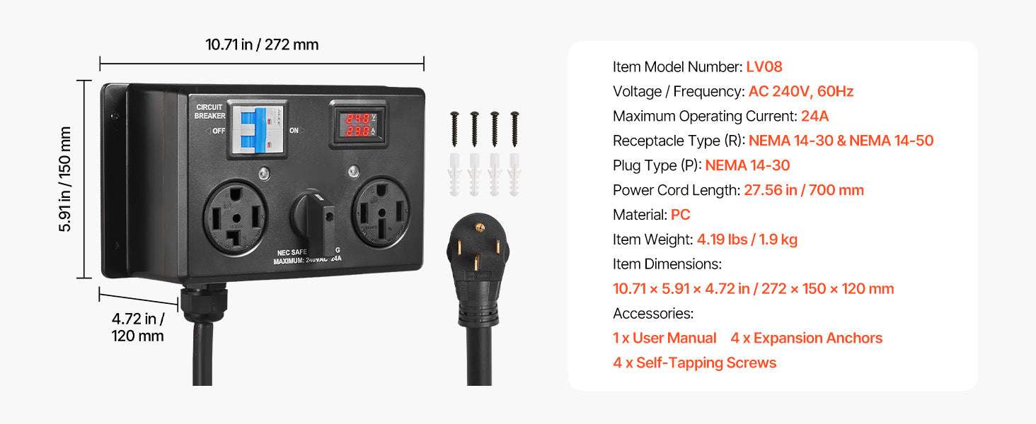 Manual EV Charging Switch Splitter 240V 24A for Dryer & EV-NEMA 14-30 and 14-50 / United States