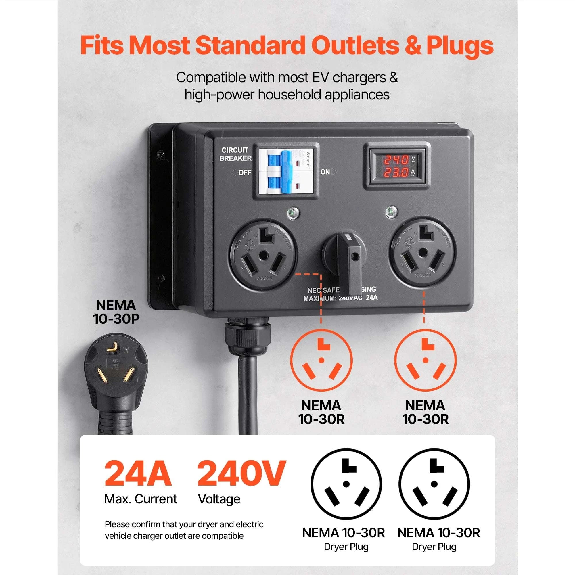 Manual EV Charging Switch Splitter 240V 24A for Dryer & EV-NEMA 14-30 and 14-50 / United States
