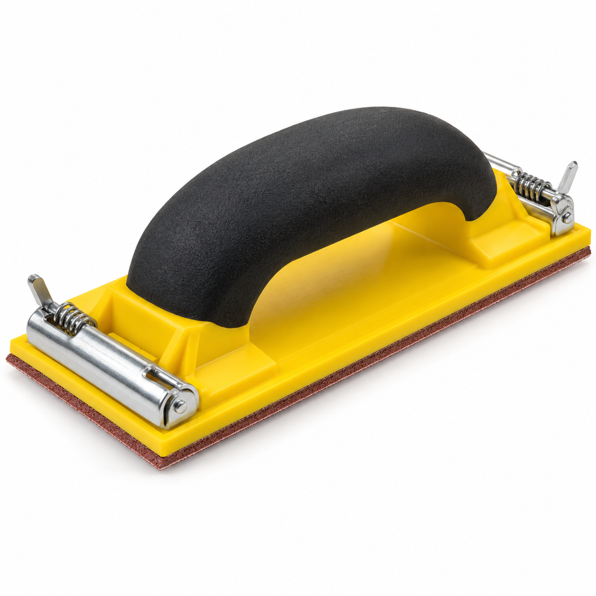 Yellow manual hand sanding block with black sponge handle and metal clamps on white background