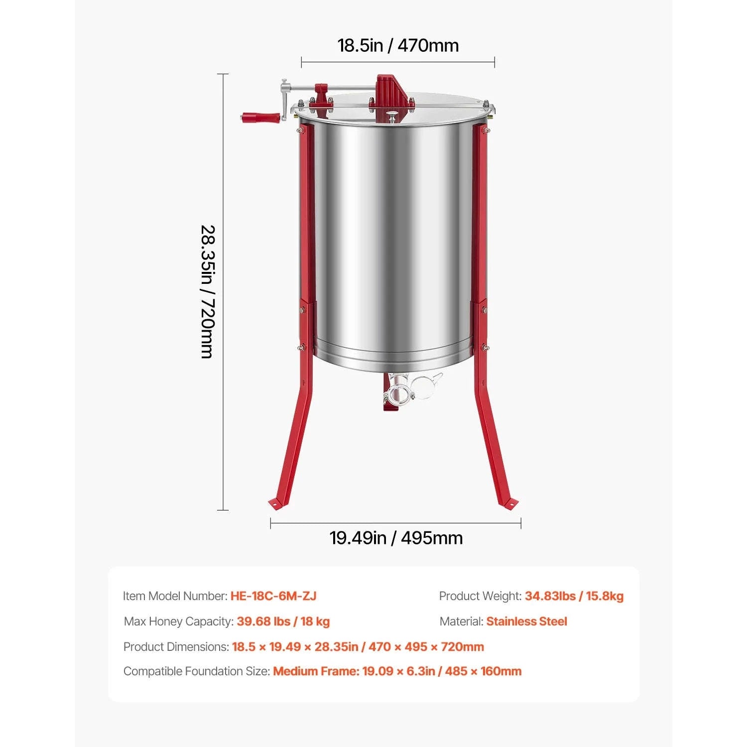 Manual Honey Extractor with Transparent Lid and Adjustable Stand-6 frames / Poland