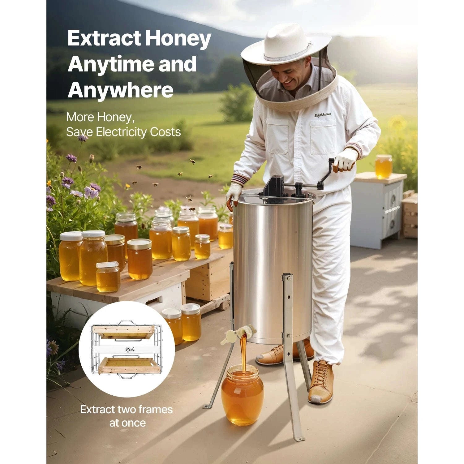 Manual Honey Extractor with Transparent Lid and Adjustable Stand-6 frames / Poland