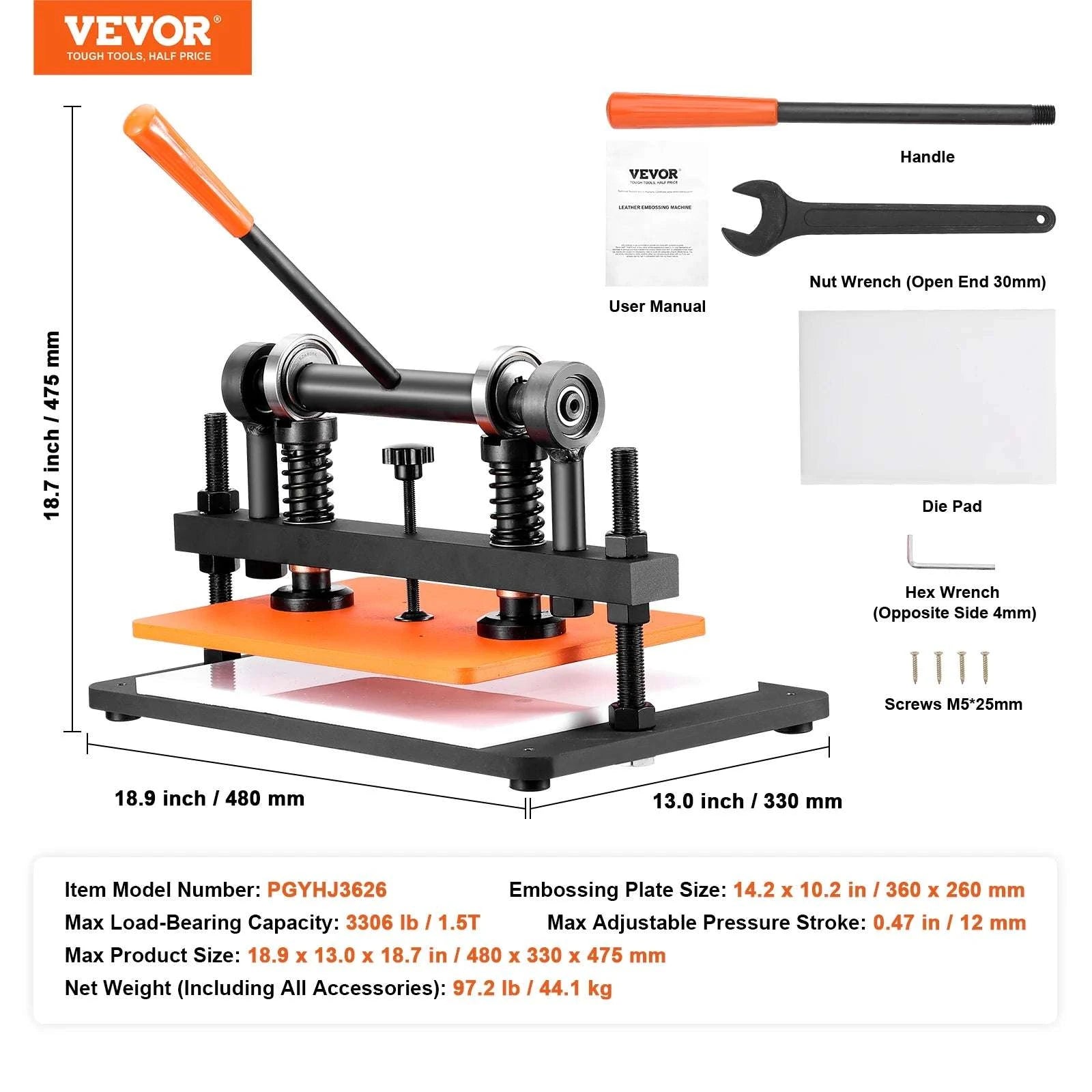 Manual Leather Cutting & Embossing Machine with 1.5T Pressure-36 x 26 cm / United States