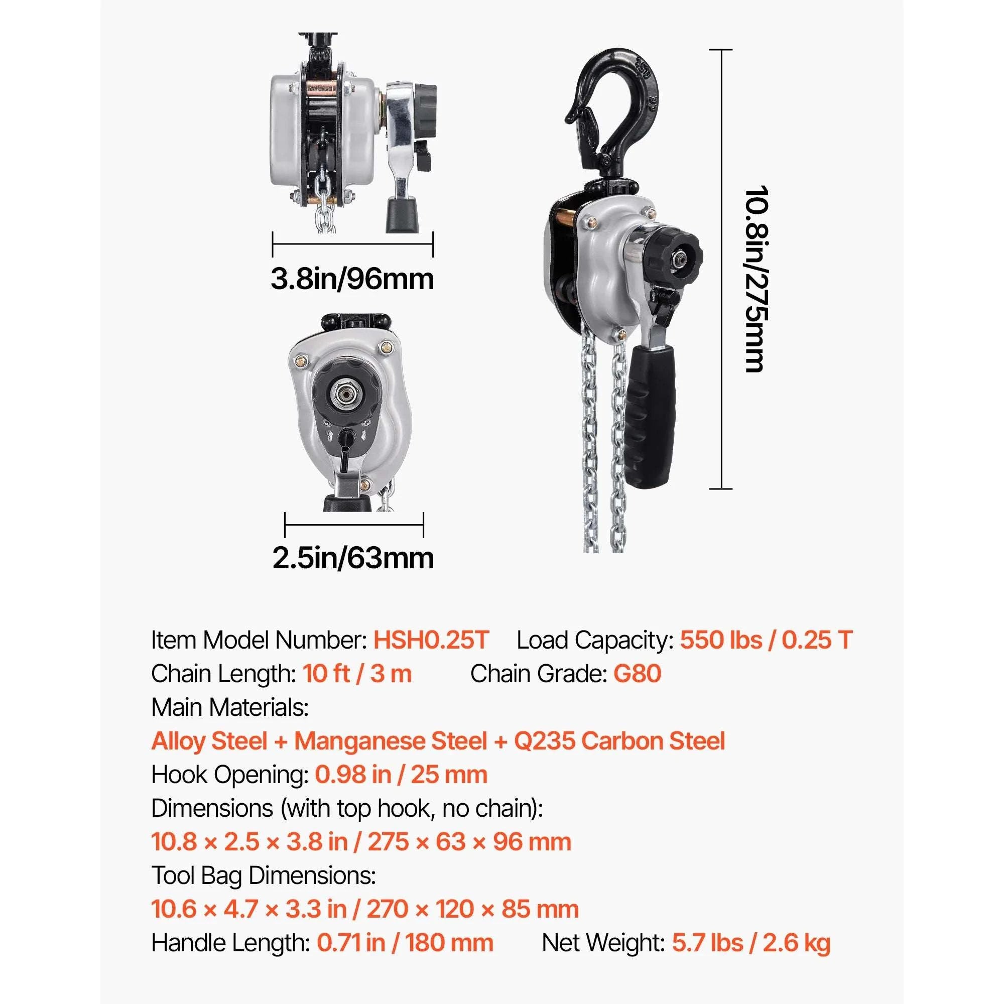 Manual Lever Chain Hoist 0.25–0.5 Ton with Dual Pawl Brake-0.25T 10ft / United States