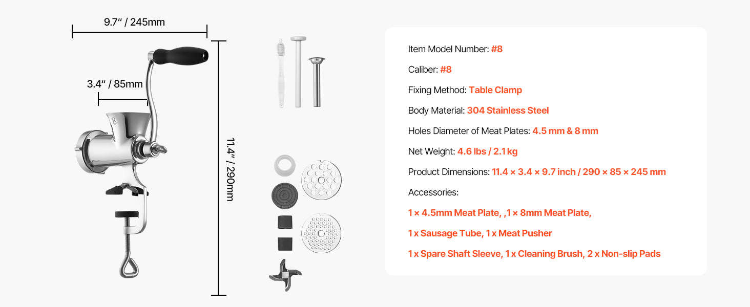 Manual Meat Grinder with Steel Table Clamp, 2 Cutting Plates & Sausage Tubes-5 Caliber / United States