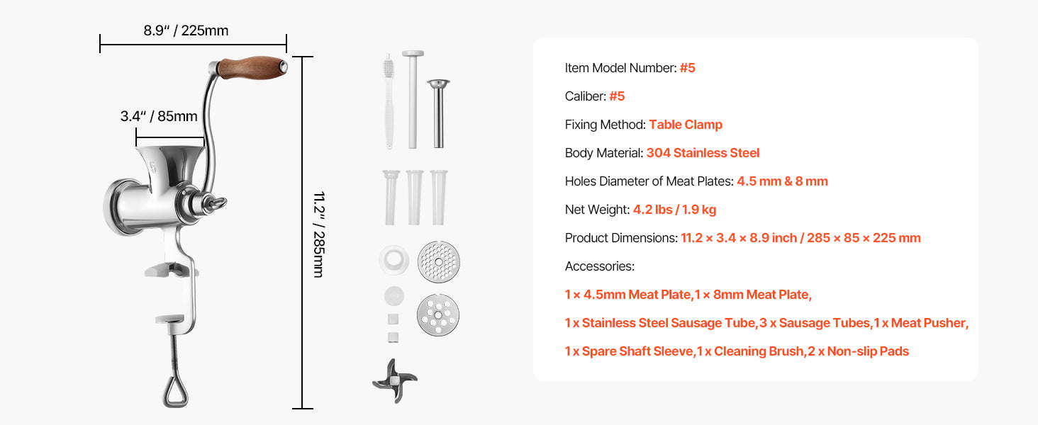 Manual Meat Grinder with Steel Table Clamp, 2 Cutting Plates & Sausage Tubes-5 Caliber / United States