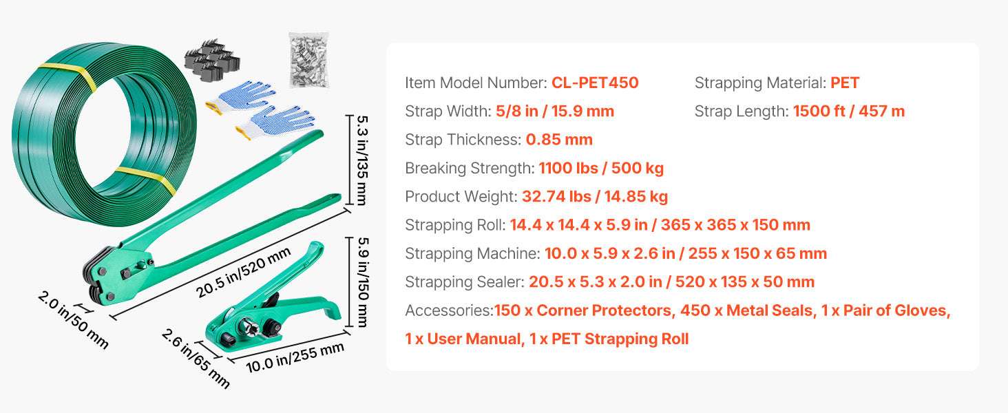 Manual Pallet Strapping Kit with 1500ft PET Band & 450 Seals-1500ft Band / United States