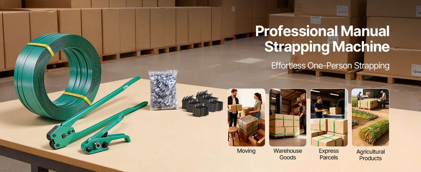 Manual Pallet Strapping Kit with 1500ft PET Band & 450 Seals-1500ft Band / United States