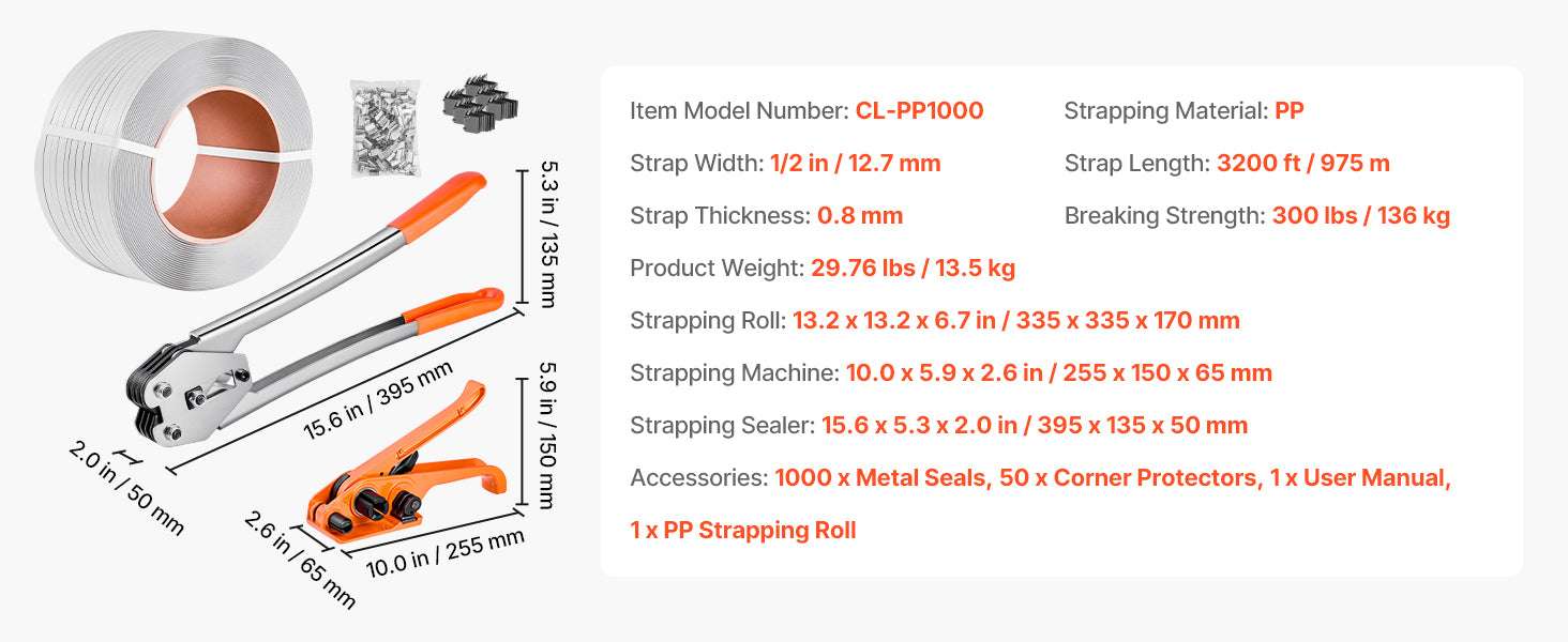 Manual Pallet Strapping Kit with 3200ft PP Band & 1000 Seals-3200ft Band / United States