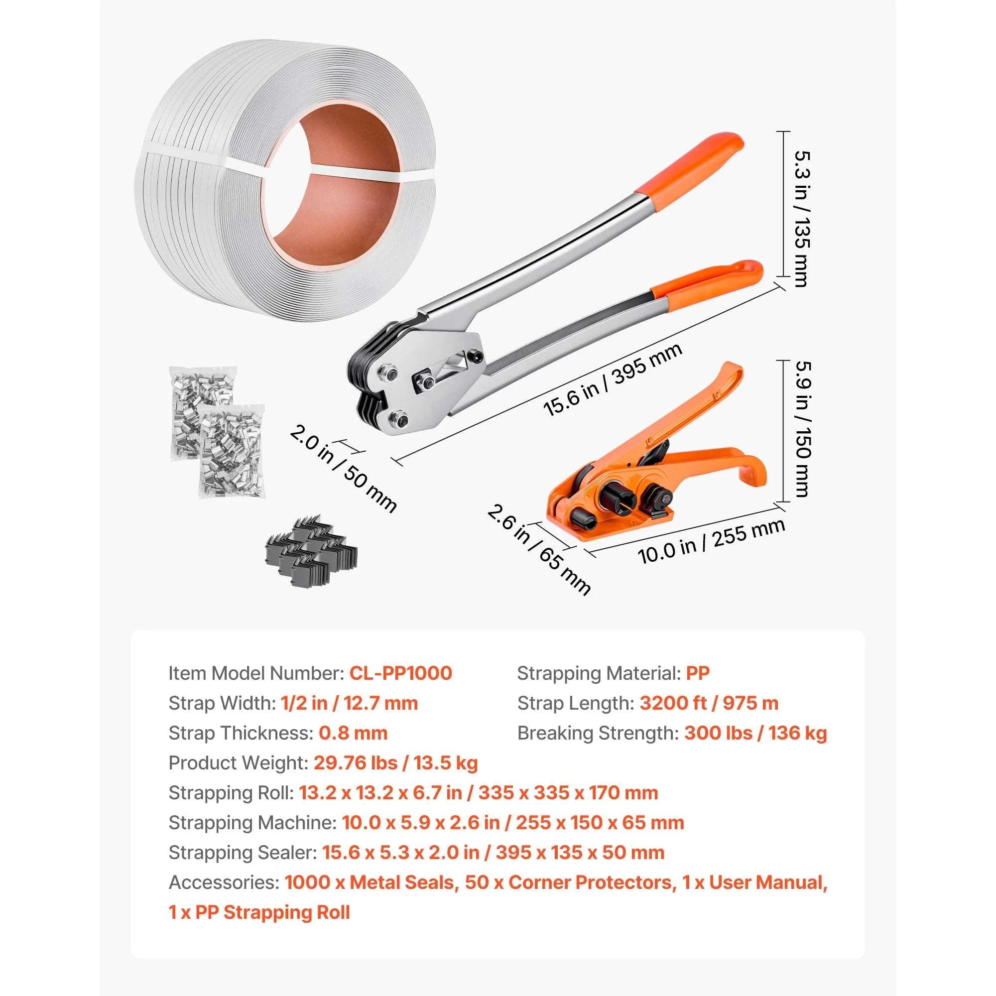 Manual Pallet Strapping Kit with 3200ft PP Band & 1000 Seals-3200ft Band / United States