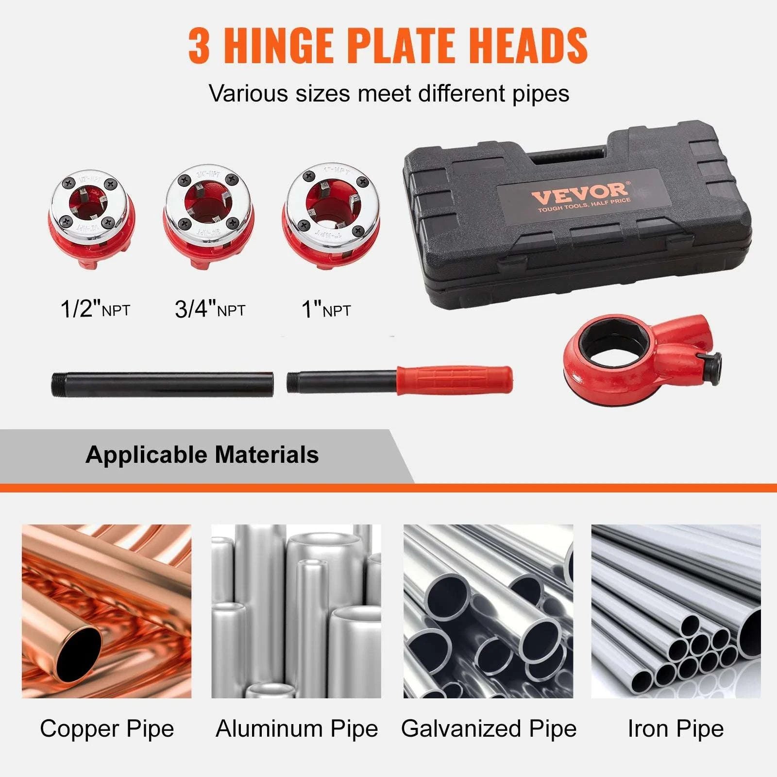 Manual Ratcheting Pipe Threader Kit with 3 NPT Sizes 1/2-1 Inch-KT1003A / United States