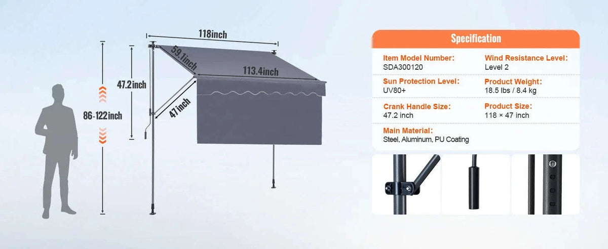 Manual Retractable Patio Awning 10x8 ft Sun Shade-13x8ft / CZECH REPUBLIC