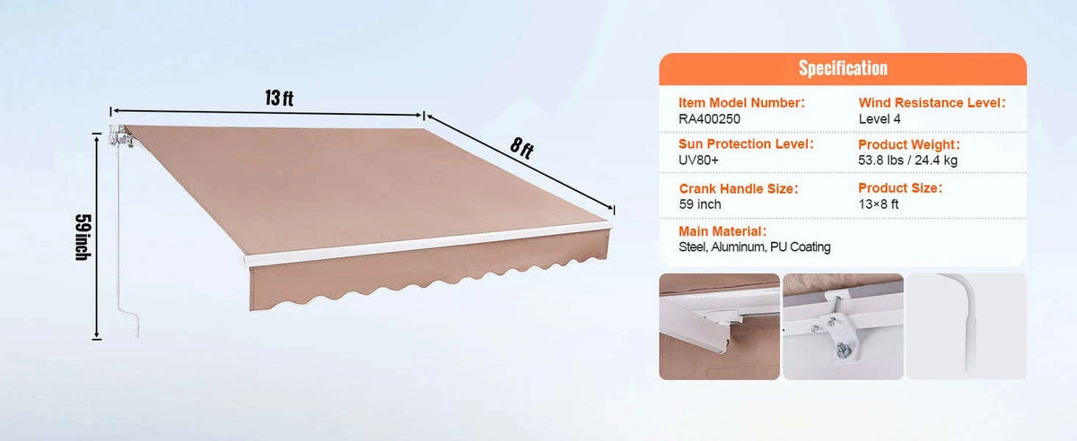 Manual Retractable Patio Awning 10x8 ft Sun Shade-13x8ft / CZECH REPUBLIC