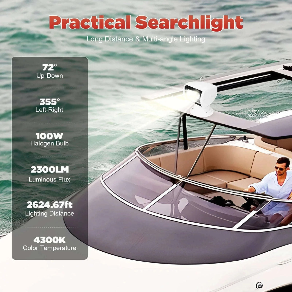Marine Searchlight Remote Control 12V 100W Waterproof White 360 Rotatable-United States