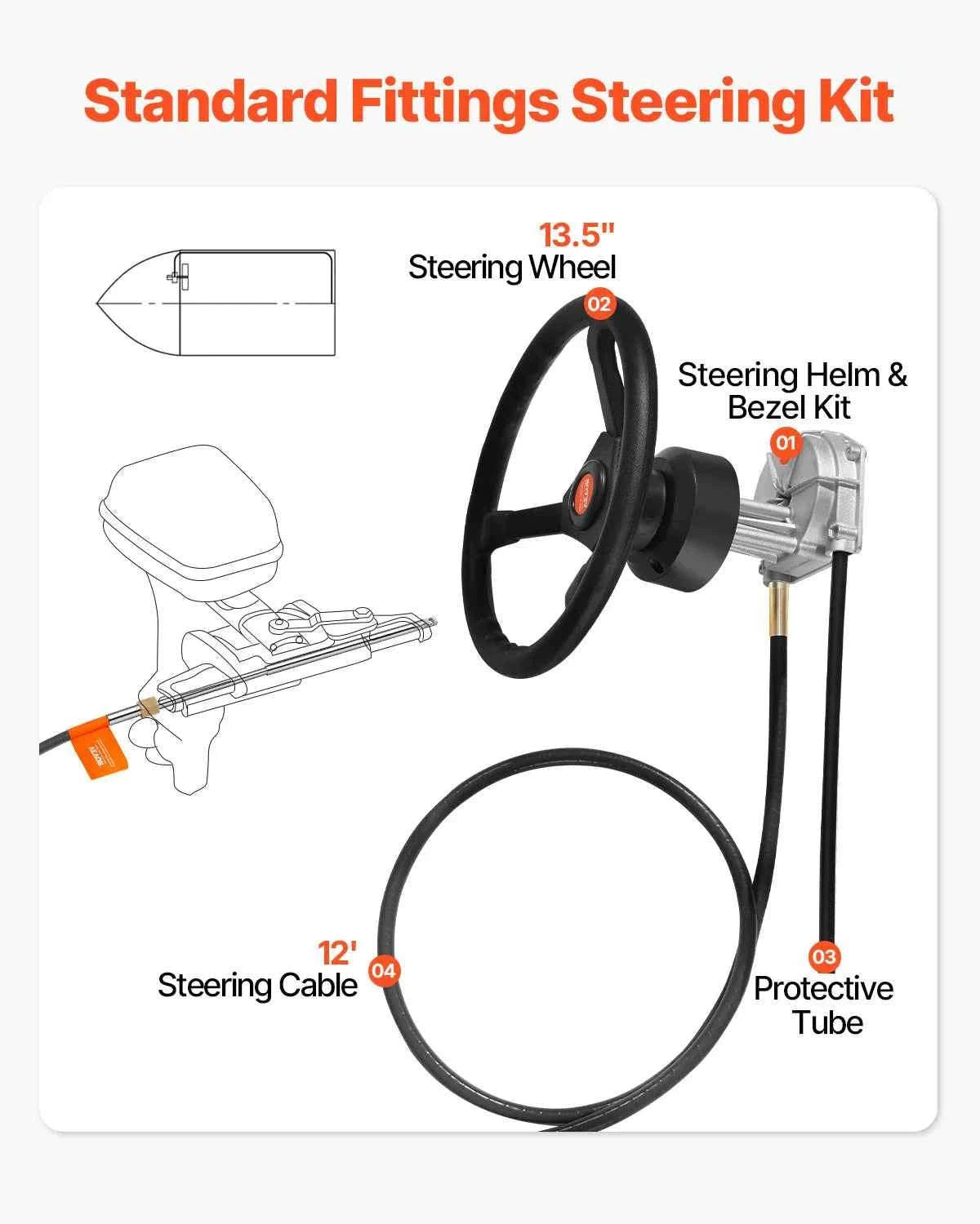 Marine Steering System Rotary Wheel with 12 ft Cable-12 FT Cable / United States