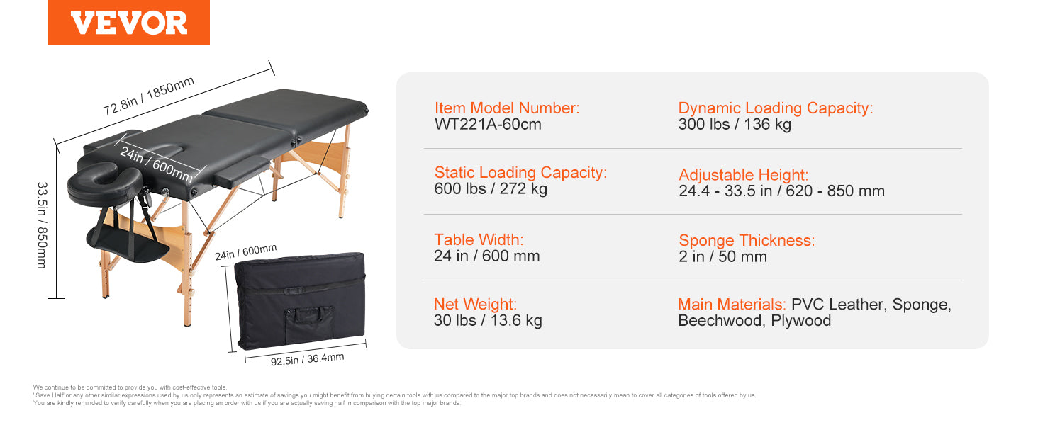 VEVOR Portable Massage Table Folding Lightweight Adjustable Salon Tattoo Bed for Massage Center Spa Therapy Clinic Home Beauty