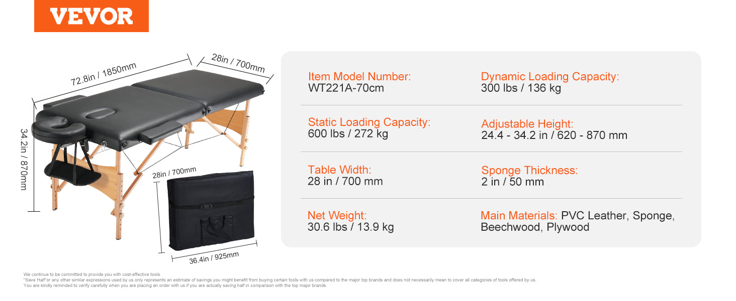VEVOR Portable Massage Table Folding Lightweight Adjustable Salon Tattoo Bed for Massage Center Spa Therapy Clinic Home Beauty