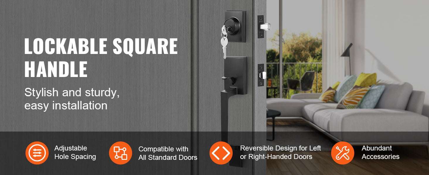 Matte Black Front Door Handle Set with Reversible Lever & Lock-Without Lock / United States
