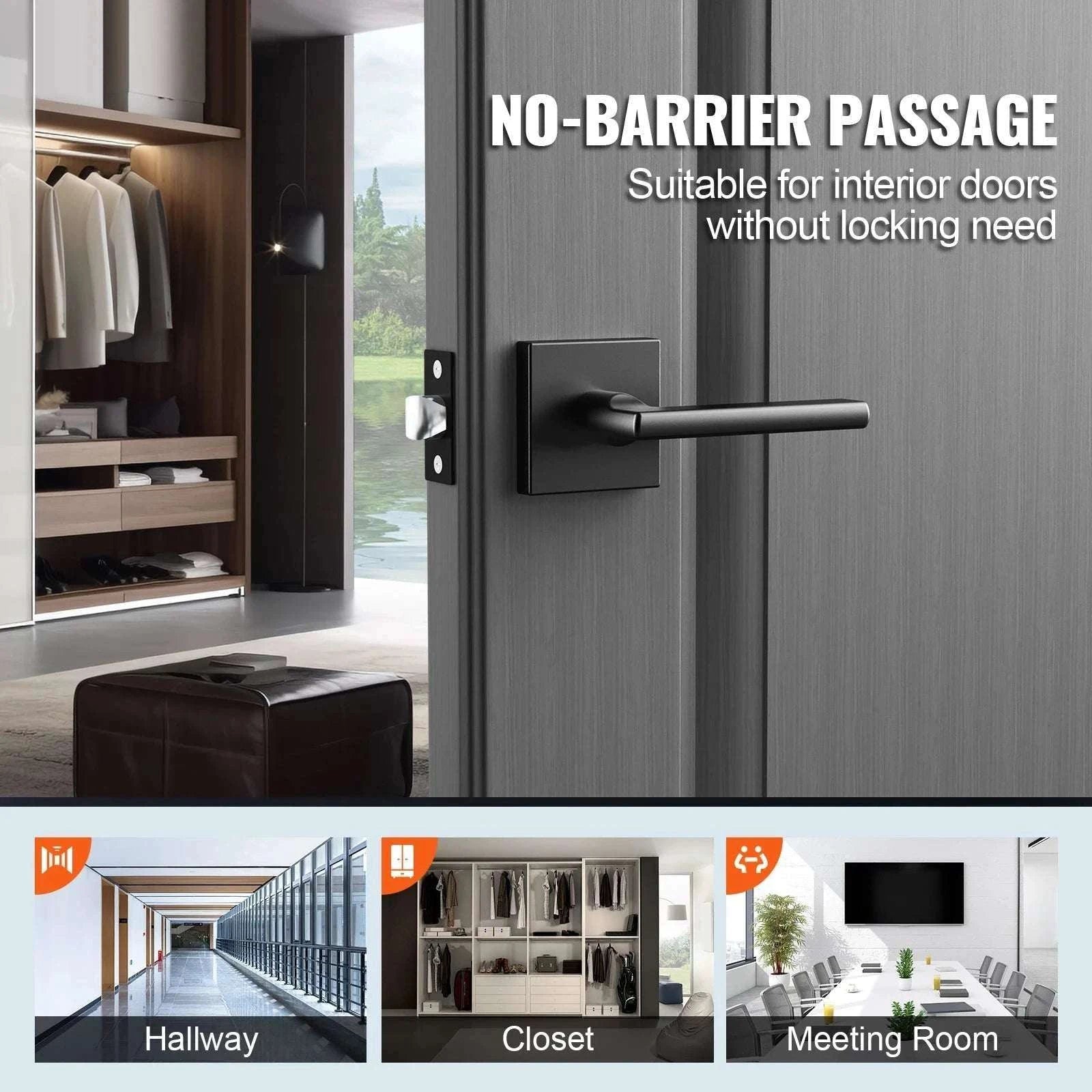 Matte Black Reversible Door Handle – Passage & Privacy Lever-Passage 6PCs / france