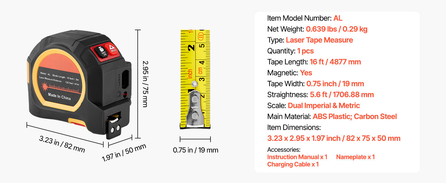 2-in-1 Laser Tape Measure 135ft + 16ft Rechargeable Tool