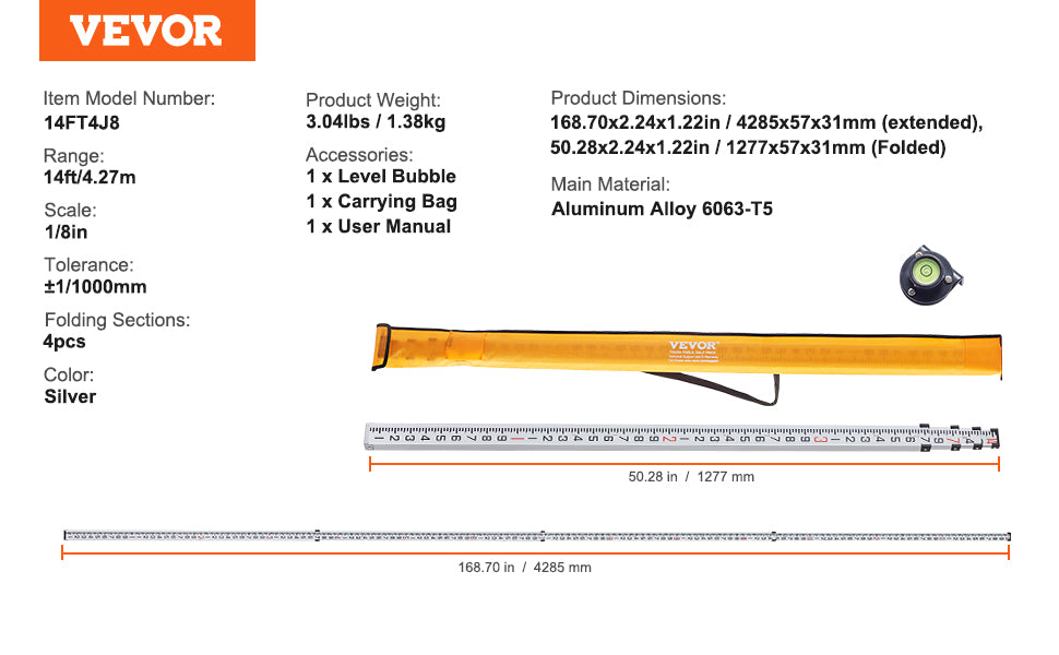 Aluminum Grade Rod Double-Sided Scale with Bubble Level and Carrying Bag