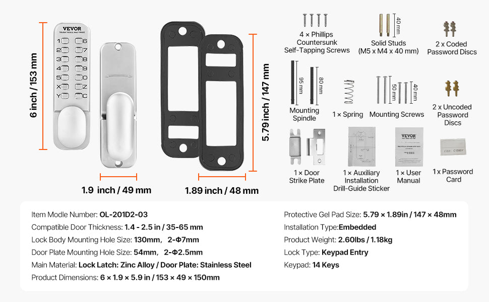 Mechanical Keyless Entry Door Lock with Auto Lock & Keypad