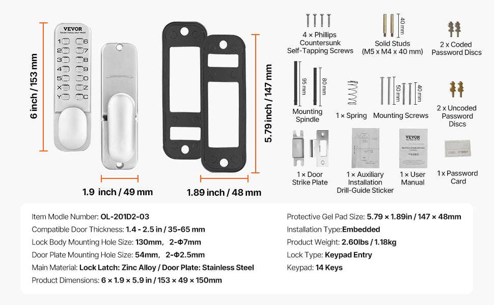 Mechanical Keyless Entry Door Lock with Auto Lock & Keypad-Silver / United States