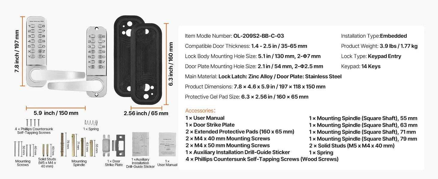 Mechanical Keyless Entry Door Lock with Auto Lock & Keypad-Silver / United States