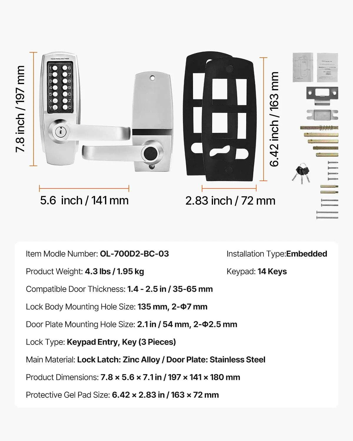 Mechanical Keyless Entry Door Lock with Keypad & Auto Lock-Silver / United States