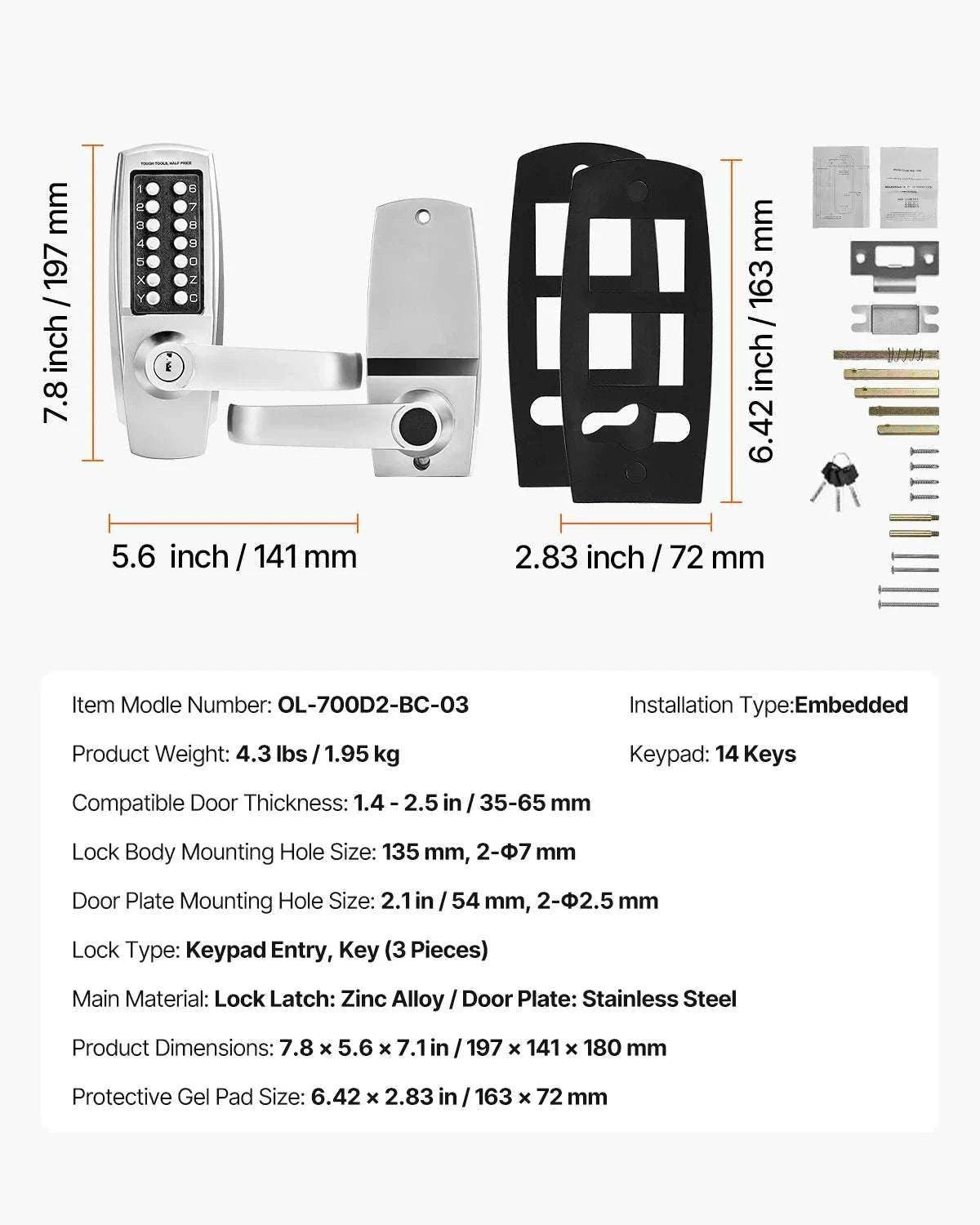 Mechanical Keyless Entry Door Lock with Keypad & Auto Lock-Silver / United States
