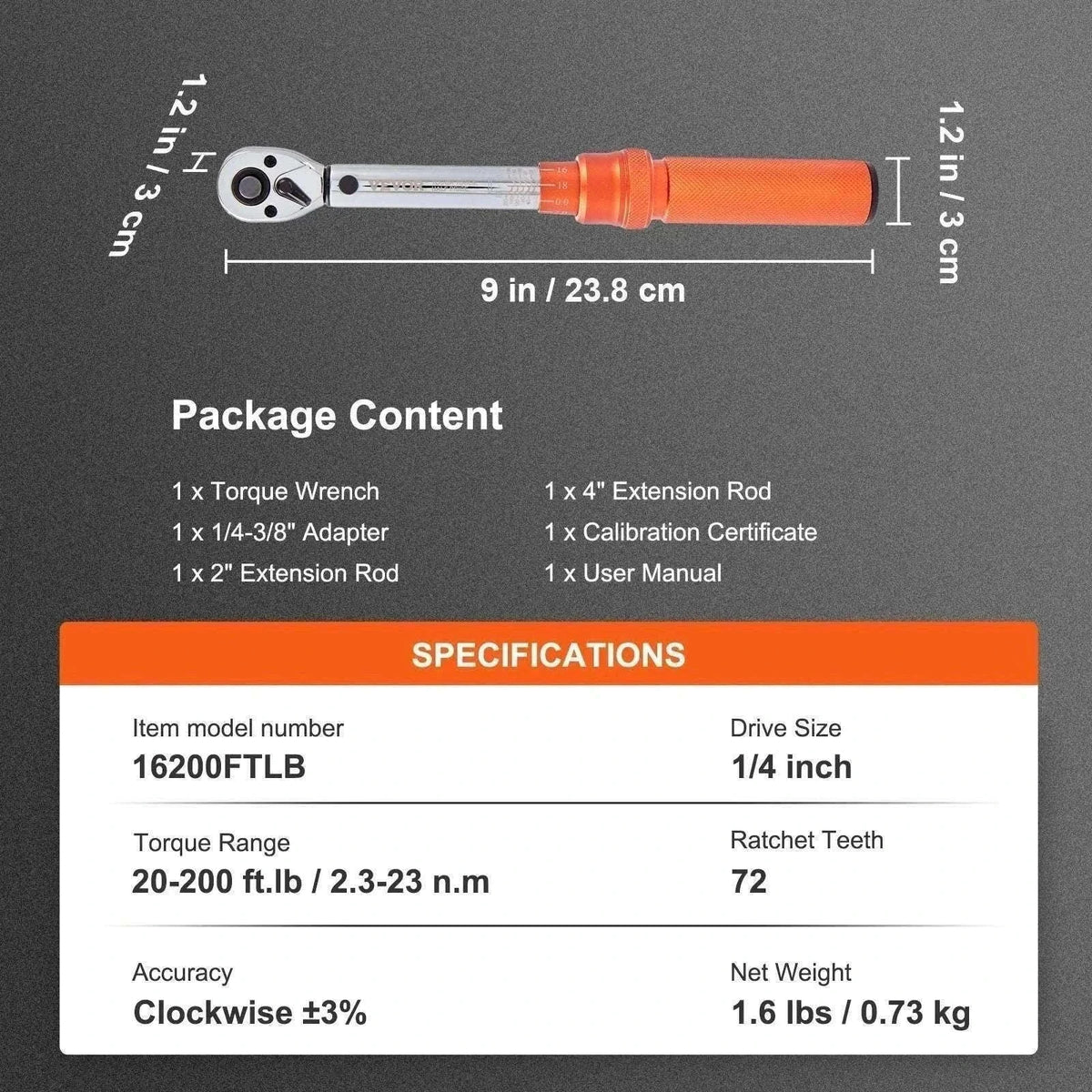Mechanical Torque Wrench Set 1/4 3/8 1/2 Drive ±3% Precision-23.8cm 20-200ft.lb / spain