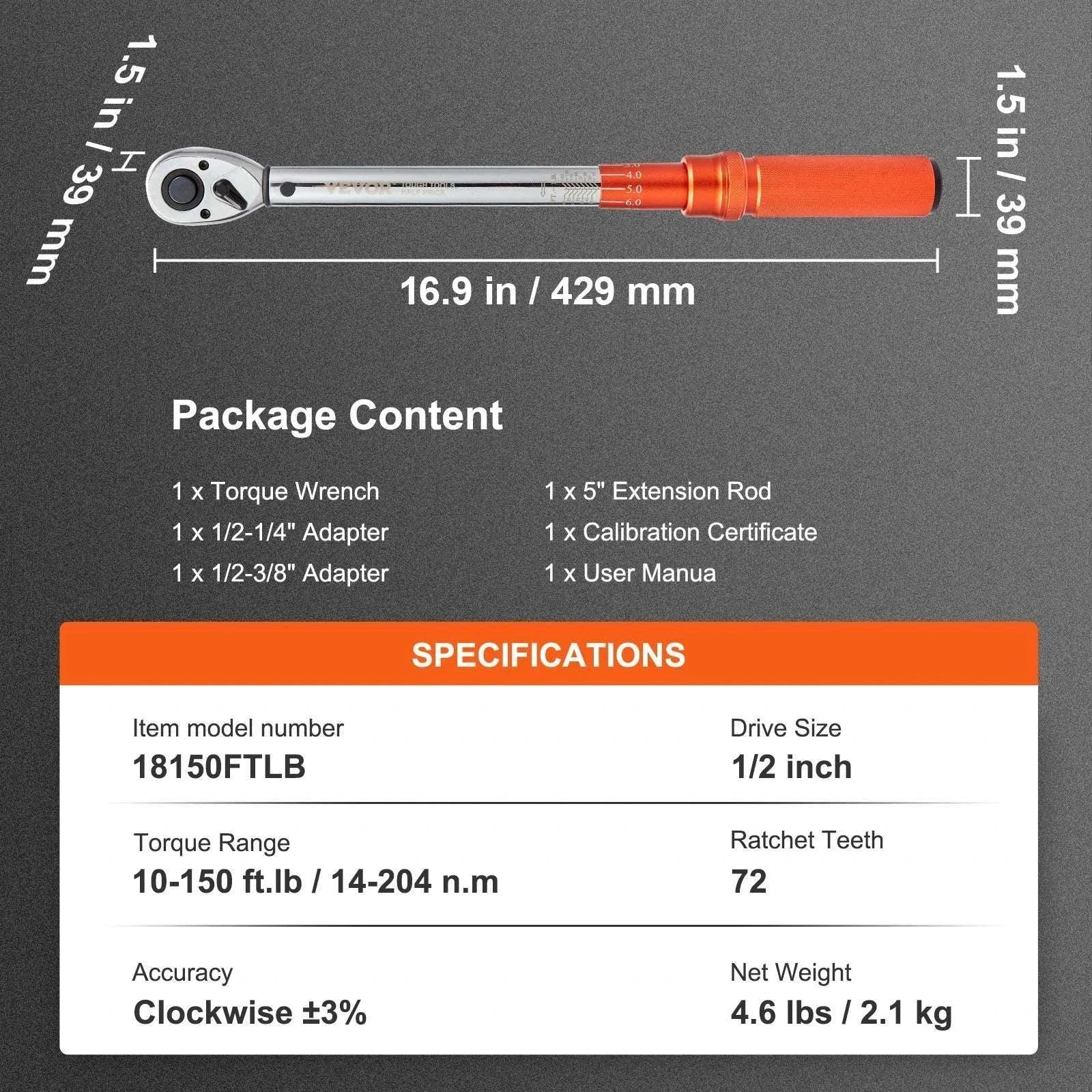 Mechanical Torque Wrench Set 1/4 3/8 1/2 Drive ±3% Precision-23.8cm 20-200ft.lb / spain