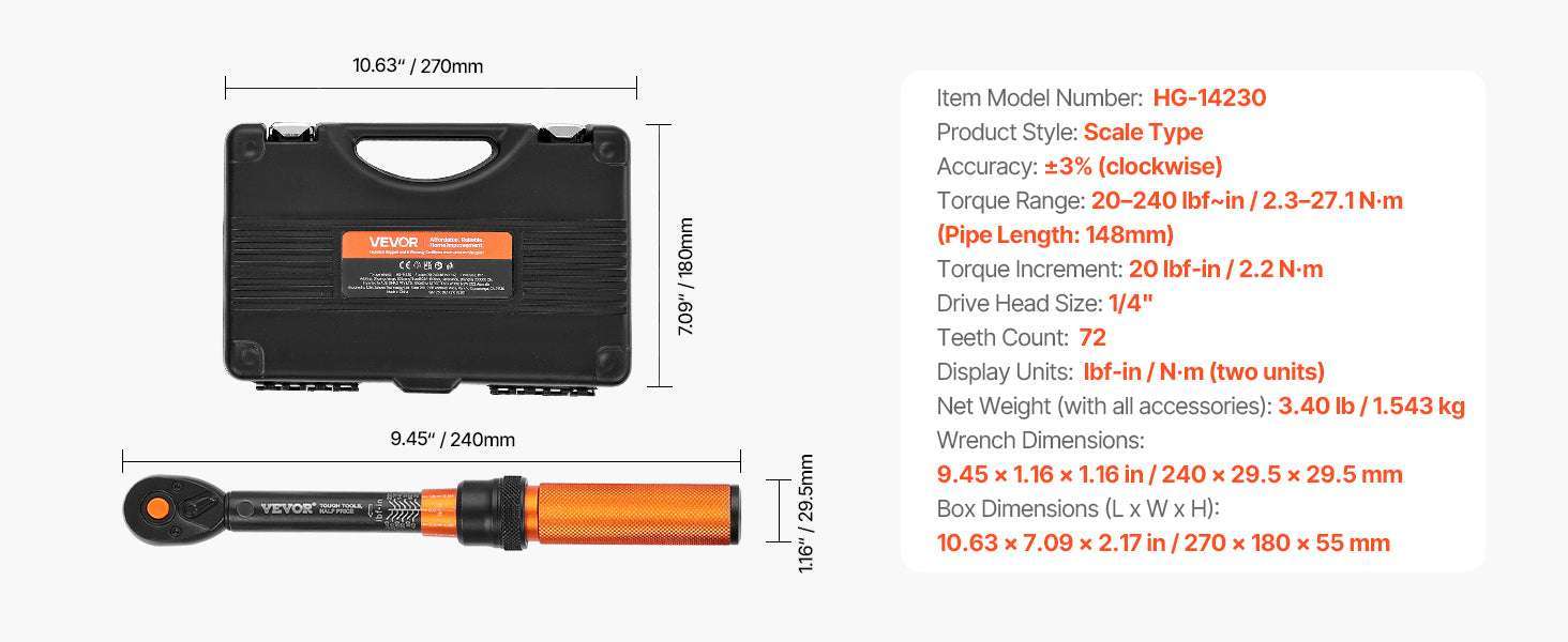 Mechanical Torque Wrench Set 1/4 3/8 1/2 Drive ±3% Precision-