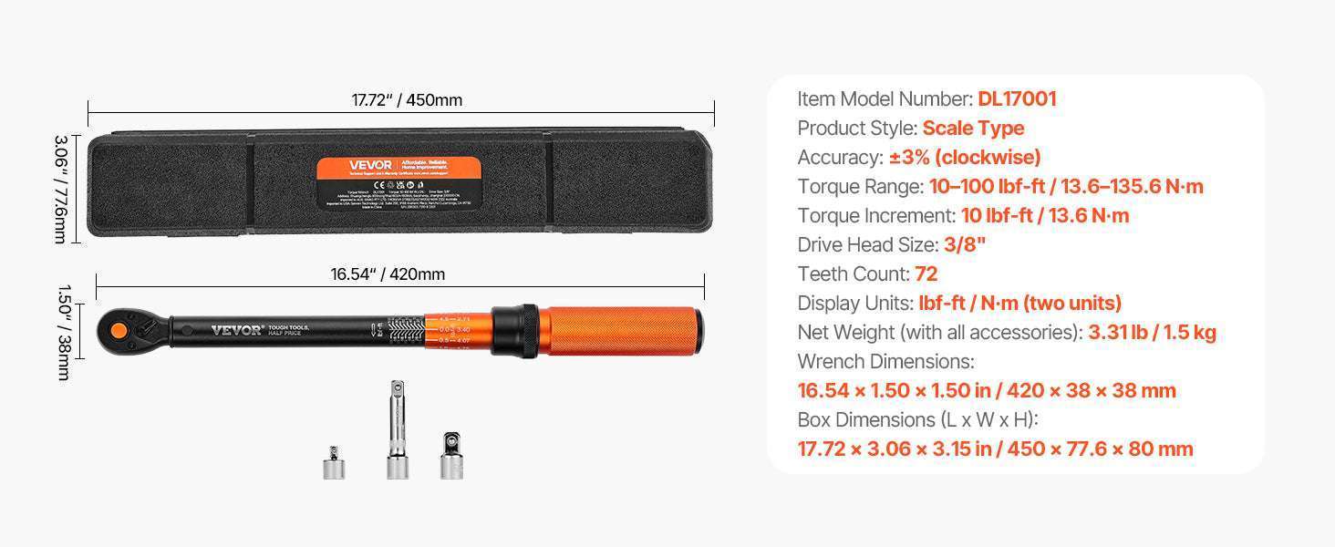 Mechanical Torque Wrench Set 1/4 3/8 1/2 Drive ±3% Precision-
