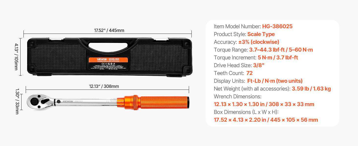 Mechanical Torque Wrench Set 1/4 3/8 1/2 Drive ±3% Precision-