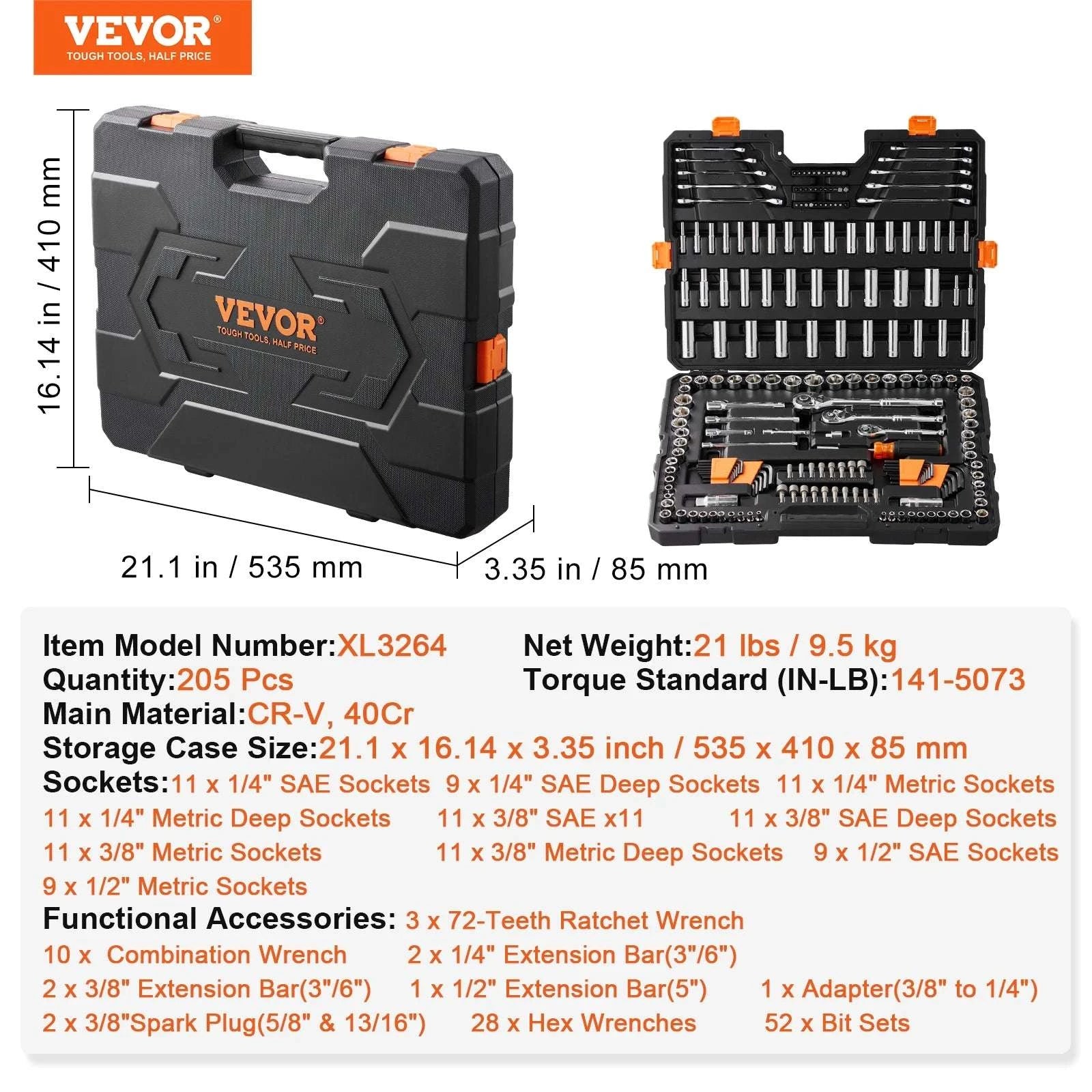 Mechanics Tool Set with SAE & Metric Sockets 145/205 Pcs Kit-XL3264 205 PCs / United States