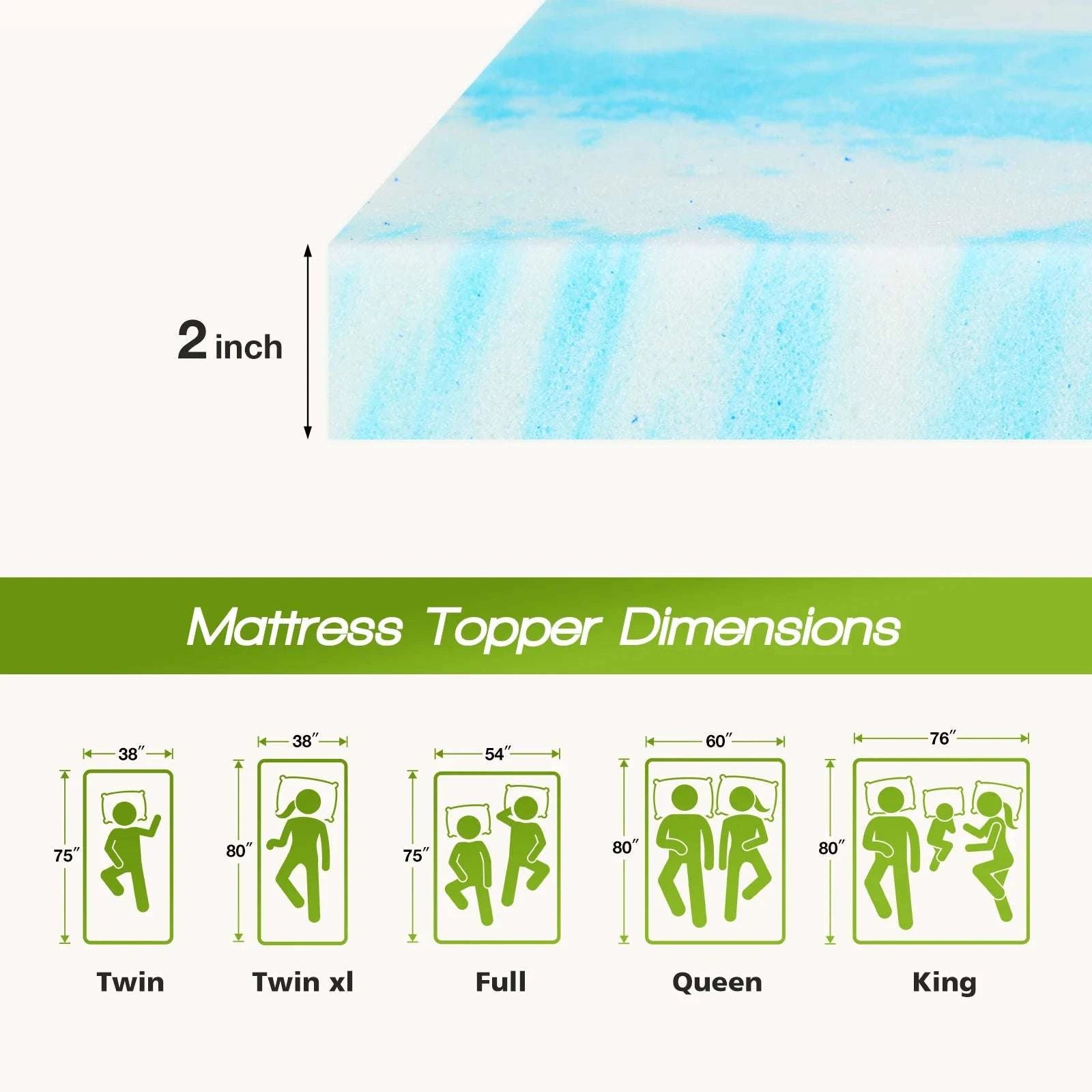 Memory Foam Gel Cooling Mattress Topper 2-4 Inch Soft Breathable Comfort-2 Inch / Full / United States