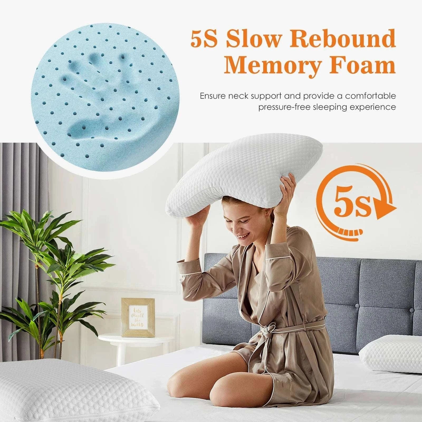 Memory Foam Neck Pillow with Cooling Ventilation & Washable Cover-Blue / United States